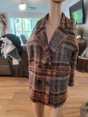 M.F.N. (No Tags 20.5) Pit To Pit and Hips). Double Brested Wool Tweed Plaid Coat